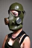 Placeholder: Steam-punk style gas-mask. Large fencing mask covers chin and cheeks. Hood. Reflective surface on face, full coverage, reflective. No eyes. Head full of integrated old-fashioned cameras and phone. Army green surfaces body, latex. Perfect body, thick thighs and calves. Asa Akira's body. Wide hip, skirt bleats nicely. Partly symmetrical. Straitjacket. Rusty and decayed background. Steam-plunge air-bottles. Euclidean 3D-tiling walls. 5th dimensional surface structures. Oppressive atmosphe