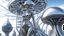 Placeholder: A slim young woman in a silver catsuit with circuitry, standing in a futuristic alien city holding a parasol shaped like a mushroom with tentacles