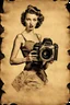 Placeholder: portrait of a woman with a camera, background old crumpled torn paper, pin-up style