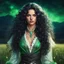 Placeholder: digital art portrait of a beautiful young fighter, pastel style, fantasy, long messy curly black hair, green eyes, wild, dressed in light-filled romantic outfit, ornaments, collar, standing on fields, night time, stars, realistic, sexy,