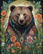 Placeholder: Captivating, vibrant painting of majestic bear, adorned with intricate motifs mixed with its fur. The coat is a fascinating combination of dark and light tones, with swirling patterns and lush floral motifs. Expressive eyes reveal the depth of your character and soul. Lush and green environment, surrounded by plants and flowers. The colors are a harmonious mix of earthy tones, with touches of orange, blue and white, creating a deep connection with nature