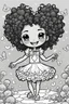 Placeholder: create a coloring page of a chibi crab with a curly afro ponytails dancing around hearts and butterflies. she smiles while shes playing , black and white