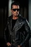 Placeholder: Handsome and muscular 40 year old Biker wearing a leather jacket and dark sunglasses standing with his arms folded