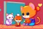 Placeholder: a fluffy orange kitten makes friends with a cute gray mouse on Valentine's day, happy vibe studio lighting fantastic view colourful very cute Lisa Frank richard scarry