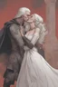 Placeholder: Strahd Von Zarovich being kissed on the mouth by a beautiful woman with white hair, wearing an off the shoulder dress. Settling and background are a lavish toomb with an ebony coffin.