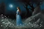 Placeholder: Creepy Night, white flowers, gothic horror and disturbing influence, mistery, rocks, mountains, trees, one woman in blue dress, friedrich eckenfelder impressionism paintings