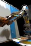 Placeholder: A slender, flexible robotic arm paints an oil painting. The overall background of future technology is prominent