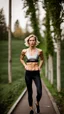 Placeholder: photography of a beautiful anorexic woman, silver satin sports bra, sports illustrated, blond short wavy bob haircut, pronounced sternum, black running leggins