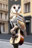 Placeholder: One single mature barn owl, playing guitar in the street , Vienna, friendly, sunny day, model style, hyper realistic, extremely accurate, delicate, extremely detailed, Graphic novel style, wide-angle, open aperture, superfine pencil