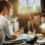 Placeholder: Close up of Beautiful female artist painting a self portrait in her attic studio, dramatic light, shadows