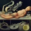 Placeholder: Abstract painting formed by a mix of human flesh-like surgical instruments and universe-like musical instruments,neuralink,minimalism,Painting By Adrian Ghenie, Rene Magritte, Salvador Dali, Lucian Freud