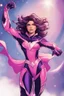 Placeholder: A superhero suit with a vibrant and energetic combination of pink and purple, with sparkles and a cape that flows gracefully. It would reflect her playful and adventurous nature, she has brown eyes and black brunette hair.