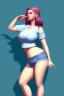 Placeholder: fat girl, jeans, crop top, fat belly, side view