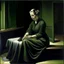 Placeholder: oil painting, woman seating down, dark, Kay Sage