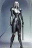 Placeholder: full body picture of a skinny woman with a bob, in silver armour, holding a curved sword, futuristic steampunk background