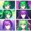 Placeholder: Clear focus, 8k, beautiful lighting, vibrant colors, girl, green hair, long hair, vibrant purple eyes, ponytail, messy hair, hair in between the eyes,