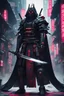 Placeholder: samurai robot in black cloak in a cyberpunk environment and big blood sword