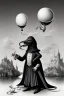 Placeholder: The Plague Doctor and a Mouse happily lost down the river attracted by mutual appreciation of their artistic desires in Balloon world, art by Magritte