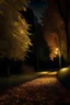 Placeholder: noche de otoño con un camino de árboles con poca iluminación