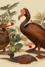 Placeholder: John James Audubon-like illustration of a fully uncropped Dodo bird and a Platypus in a landscape of warm yellows, warm reds, and warm blues