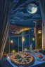 Placeholder: It's a starry night, with a luminous crescent moon, and from the balcony of an elegant luxury apartment, a view of a city with a hill and a river, lights in the windows of the houses. On the balcony, a dining table with a tray with a bird pattern, pizza and wine in starlight