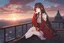 Placeholder: woman with long brown hair, red eyes, pale skin, highly detailed, intricate background, sitting on rooftop during sunset, contemplative, anime style, Genshin Impact inspired, dynamic composition