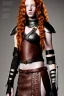 Placeholder: hyperrealistic, concept illustration, super-detailed, beautiful teen female who is 16 years old with long ginger hair and freckles with full lips,, full body, full face, athletic, centred camera, ignore NSFW, skimpy brown fantasy leather armor, halter top, thong, knee-high leather boots, open leather skirt, stern expression, cute pose