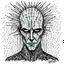 Placeholder: ultra cyberpunk, Pinhead from Hellraiser, cyan-black, watercolor painting by fountain pen, ink drip, minimalist cartooning, Phoenician Art.