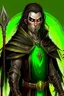 Placeholder: full length, mantle, hood removed, black with, holding a spear in his hand, dark green eyes