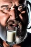 Placeholder: extreme close up photography, dirty burly chubby sicilian ugly strong 55 years old redneck man with the tongue out , full of splashing milk in the face dripping on the beard, with dirty tank top, emotional eyes, manly chest, photo, Canon EOS, lens 35mm, natural lights, 8K, in the morning -