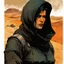 Placeholder: create a fine art print full body illustration of a rugged gritty, roughly textured, hooded, black clad and dusty Fremen female mercenary with highly detailed feminine facial features, amidst the billowing desert storms of Arrakis, in the comic book art style of Bill Sienkiewicz, and Jean Giraud Moebius, finely textured, drawn, colored, and inked,