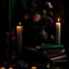 Placeholder: rave on books with flowers and lit candles dark moody art with browns green earthy tones, deep purples, hyper realistic maximalist concept art