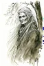 Placeholder: ink wash and watercolor illustration of an ancient grizzled, gnarled female vagabond wanderer, long, grey hair streaked with black, highly detailed facial features, sharp cheekbones. Her eyes are black. She wears weathered roughspun Celtic clothes, emaciated and tall, with pale skin, full body , thigh high leather boots within a forest of massive ancient oak trees in the comic book style of Bill Sienkiewicz and Jean Giraud Moebius , realistic dramatic natural lighting, rich earth tones