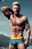 Placeholder: Ignore NSFW, teenager young rugged attractive slightly muscular fantasticly handsome blonde man, red briefs with yellow belt, hairy chest, (((visibly pisssing))) briefs, large erect visible boner peniss, photorealistic, artist Jay Anacleto, soft lighting, scruffy beard