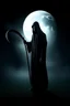 Placeholder: mysterious, hooded figure with a scythe, standing in a misty graveyard under a full moon. The figure should be shrouded in darkness, with only the eerie glow of their eyes and the blade of the scythe visible.