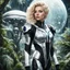 Placeholder: Photo of a slim sci-fi woman with blond hair, wearing a silver and black futuristic android-looking spacesuit, standing on an alien cloud tree jungle planet