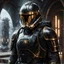 Placeholder: star wars bald male corellian pilot wearing pearlescent black and gunmetal grey First Order special forces heavy assault stealth commando armor and helmet with gold trim inside the jedi temple, hyperdetailed, dynamic lighting, hyperdetailed background, 8k resolution, volumetric lighting, light skin, fully symmetric details