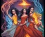 Placeholder: four dolldivine representing the elements fire, earth, air, and water. Mark Brooks and Dan Mumford, comic book art, perfect, smooth elemental galactic space core royalty queens crown.