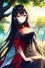 Placeholder: girl, masterpiece, best quality, cinematic lighting, detailed outfit, vibrant colors, perfect eyes, long hair, black hair, red eyes, outdoors, under tree, god rays, smile, sparkle,