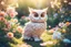 Placeholder: cute chibi antropomorph cat owl in a flowergarden in sunshine, ethereal, cinematic postprocessing