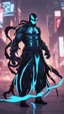 Placeholder: Mix between venom symbiote and genji in solo leveling shadow style with neon glowing blue