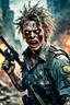 Placeholder: close-up ultra detailed and real looking image, 12k ultra high definition, sexy and cool looking zombie with human features, wild hair, he is a policeman, wearing a police uniform with bullet holes, epic action shot view of him storming towards camera with bazooka in hand, explosive and chaotic background, epic good looking zombie