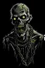 Placeholder: Vector Art, Front View, Zombie , stylized, Up close, half skin, black background, chains around body,