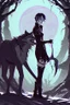 Placeholder: vampire girl showing fangs with short cropped cyberpunk hair wandering with her wolf in tangled forest in the moonlight