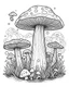 Placeholder: mushroom world minimalistic landscape. line art, background, vector, svg, coloring book page style, black outline on white background