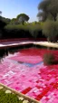 Placeholder: A pink beautiful lake with aquatic structure designed in ancient Greek mosaics painted by Piet Mondrian