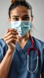 Placeholder: A nurse with a medical mask on her mouth holding a serange towards the camera
