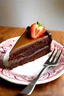 Placeholder: Slice of 3-layer, decadent chocolate cake topped with strawberries and caramel, . On a fancy, patterned plate with a fork resting on it.