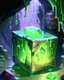 Placeholder: a slimy dripping gelatinous cube in vast dungeon cave room with treasure chests rpg art painterly