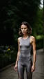 Placeholder: photography of a beautiful anorexic woman, grey satin triathlon top, brunette wavy bob haircut, flat chest, grey satin cycling leggins